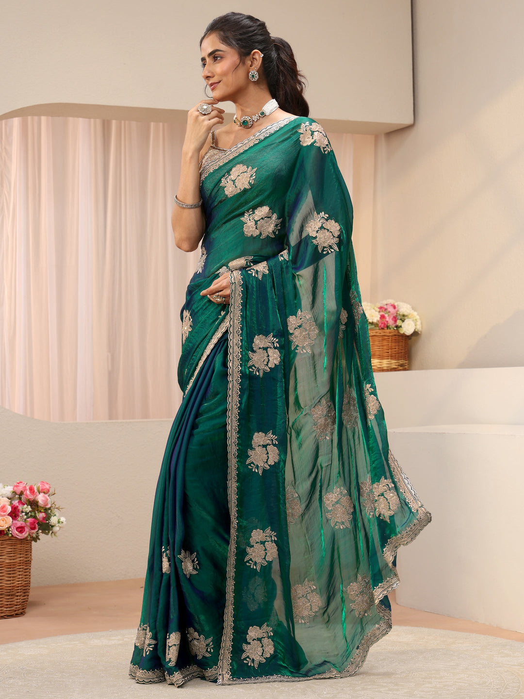 Green Floral Embroidered Tissue Saree