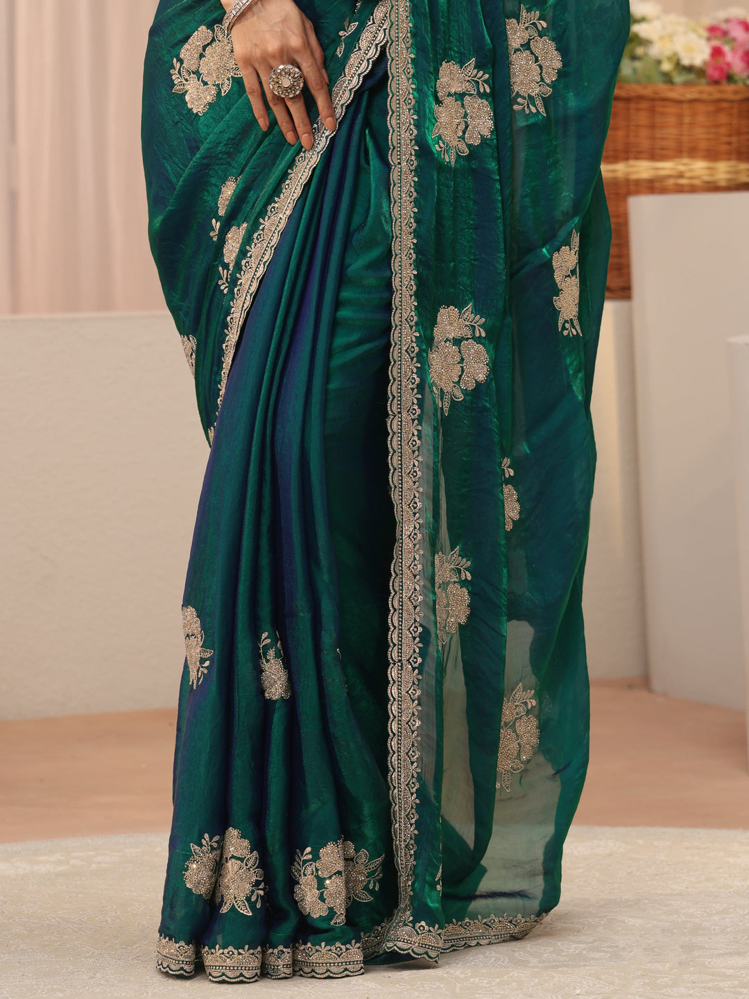 Green Floral Embroidered Tissue Saree
