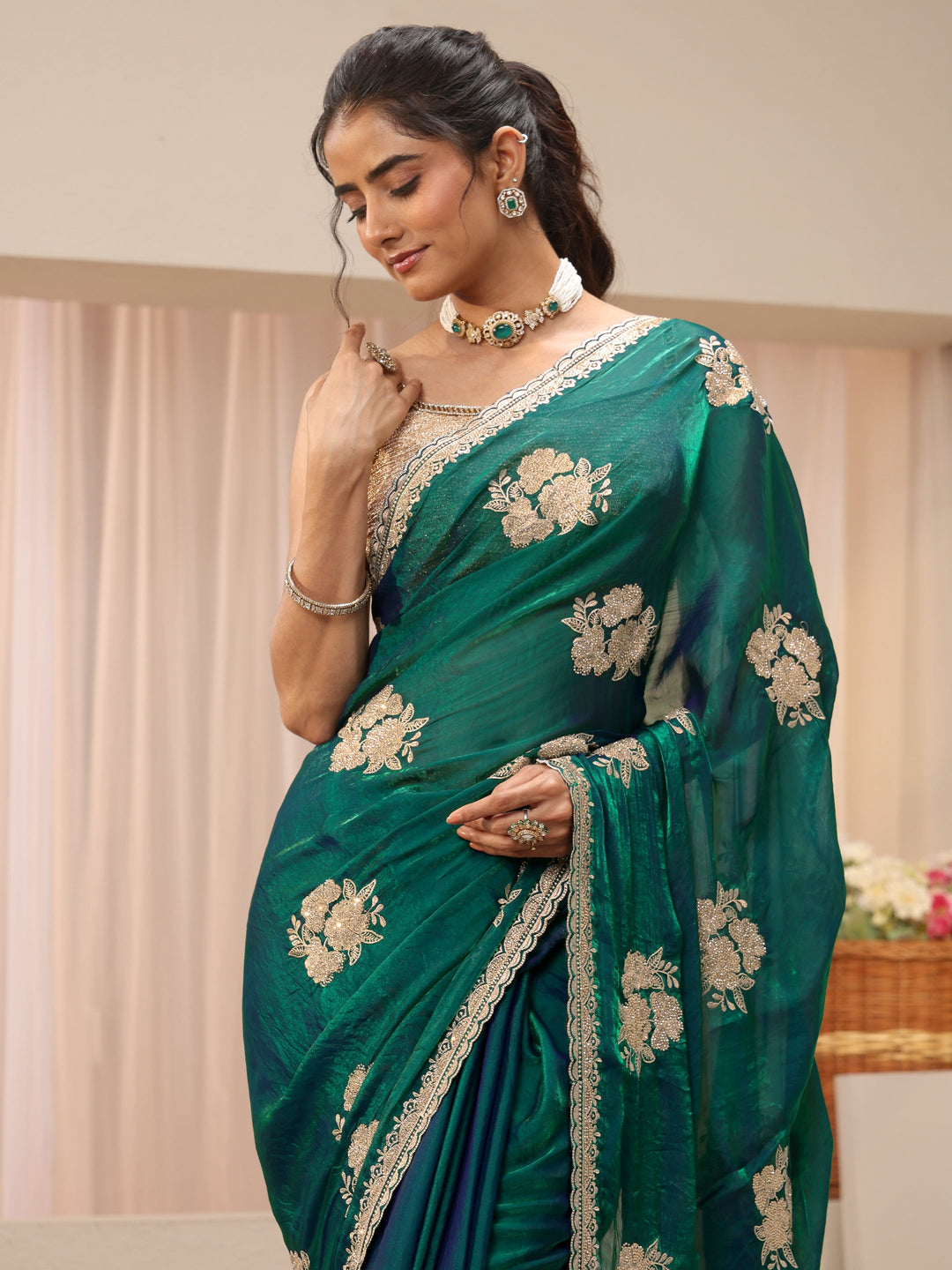 Green Floral Embroidered Tissue Saree