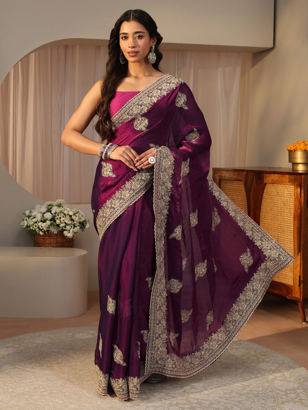 Burgundy Floral Embroidered Tissue Saree