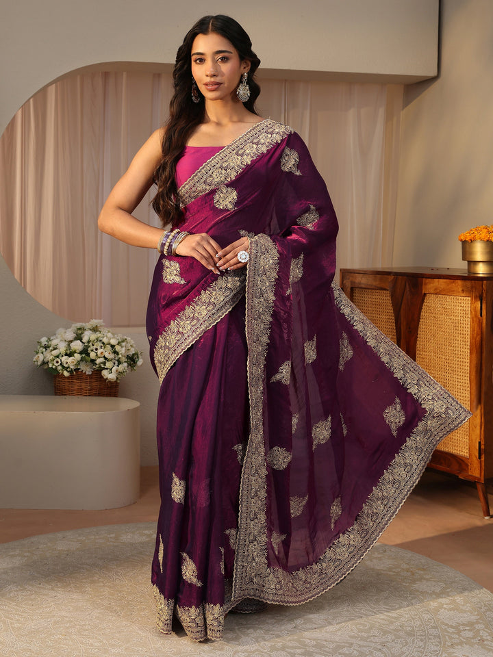 Burgundy Floral Embroidered Tissue Saree