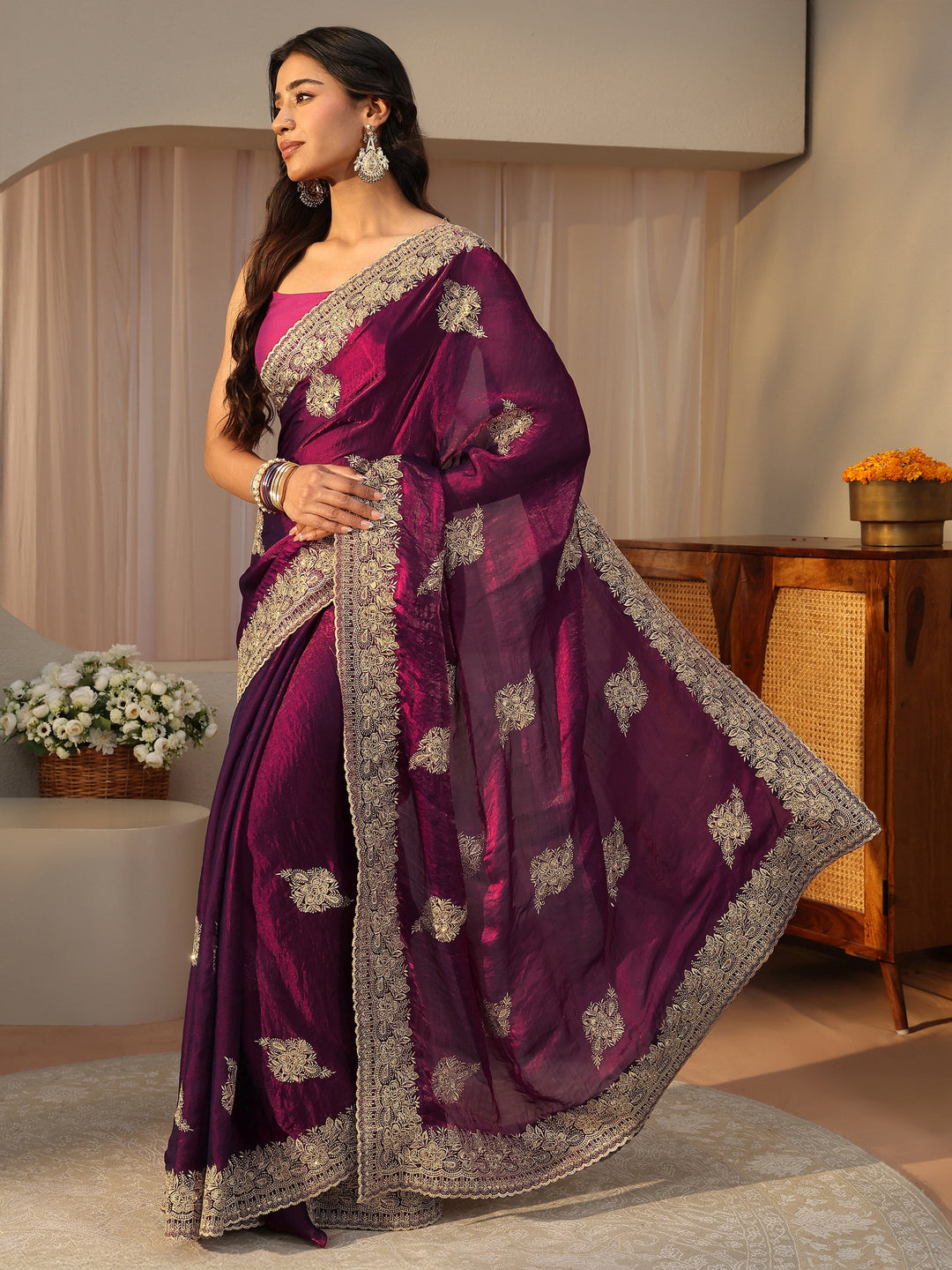 Burgundy Floral Embroidered Tissue Saree