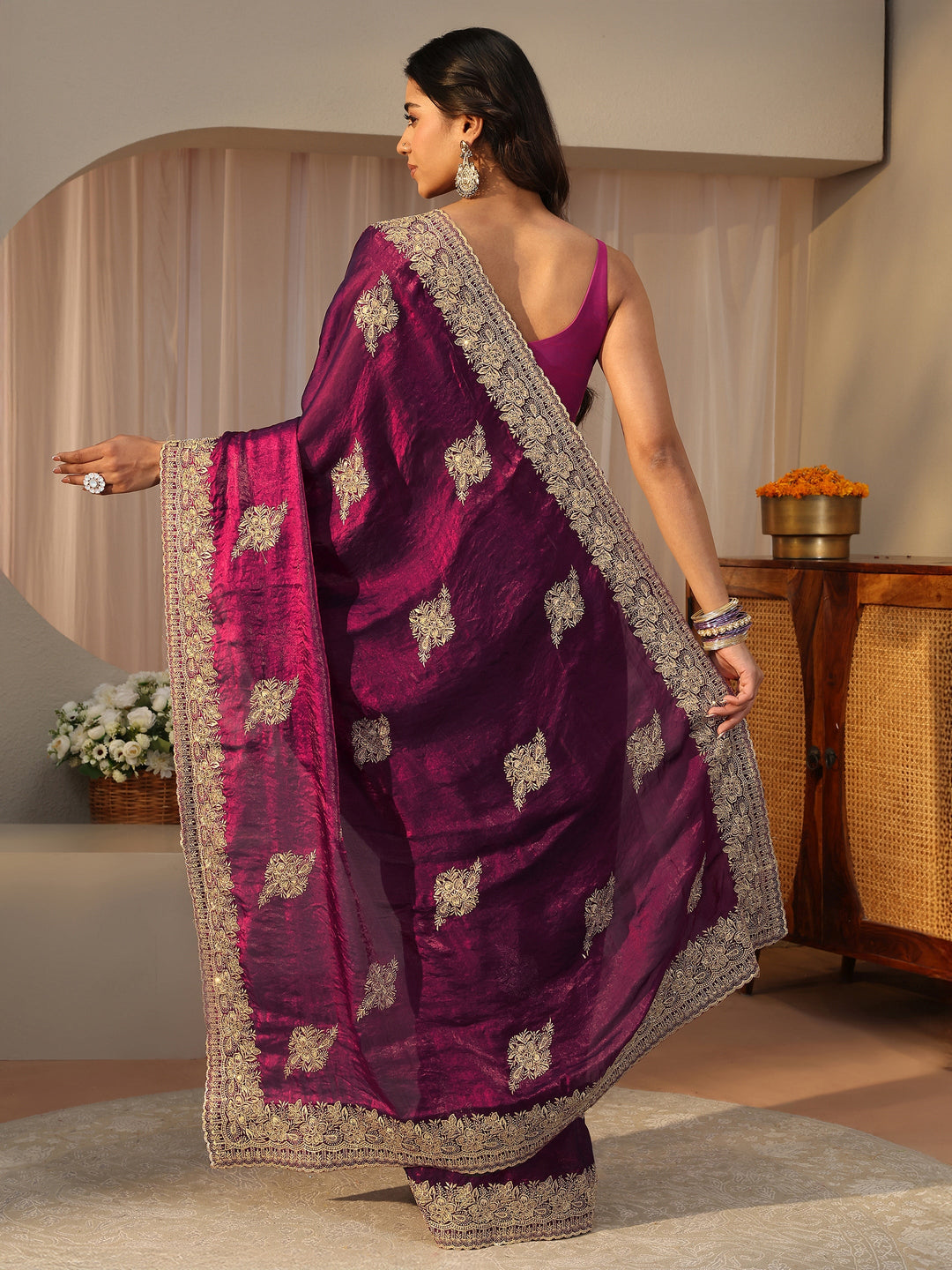Burgundy Floral Embroidered Tissue Saree