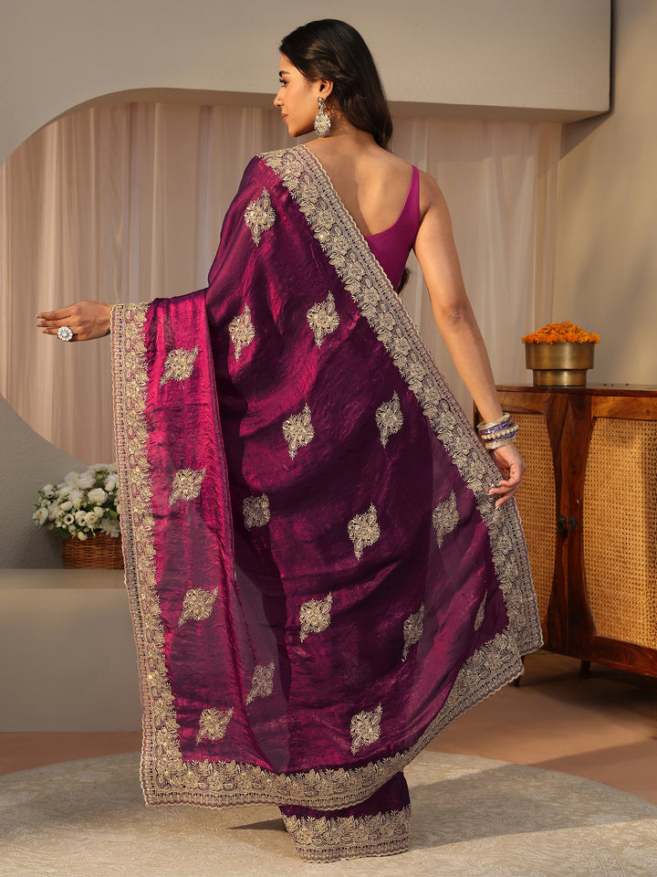 Burgundy Floral Embroidered Tissue Saree