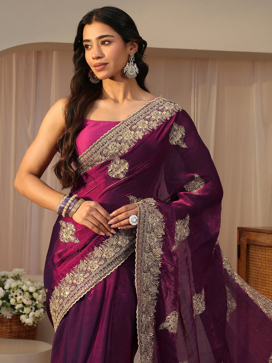 Burgundy Floral Embroidered Tissue Saree