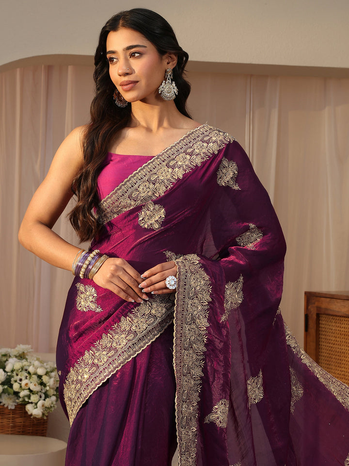 Burgundy Floral Embroidered Tissue Saree