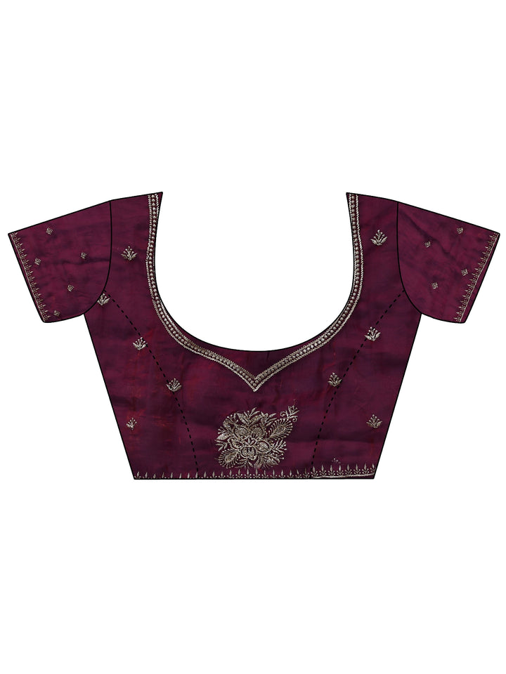 Burgundy Floral Embroidered Tissue Saree