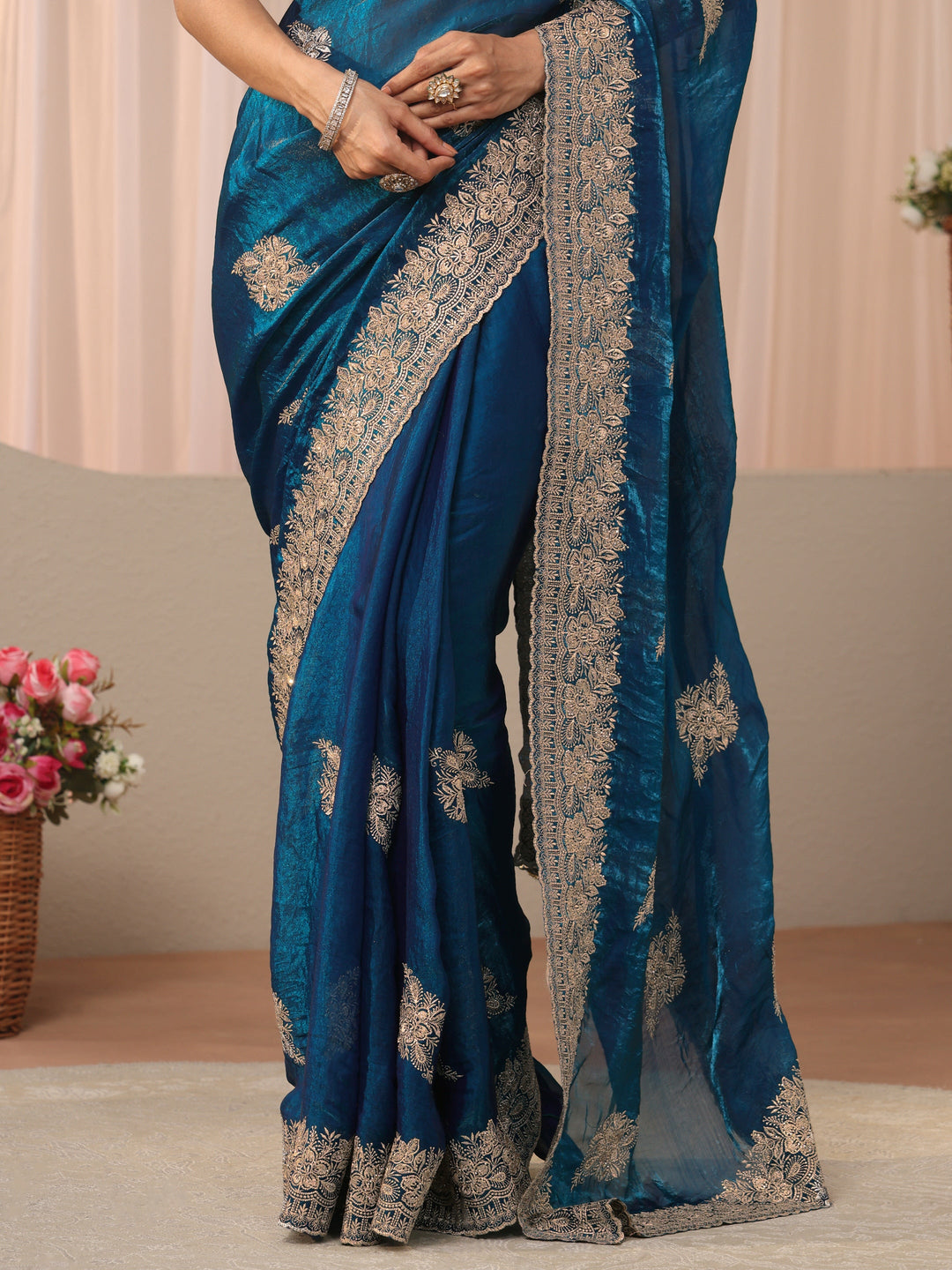 Blue Floral Embroidered Tissue Saree