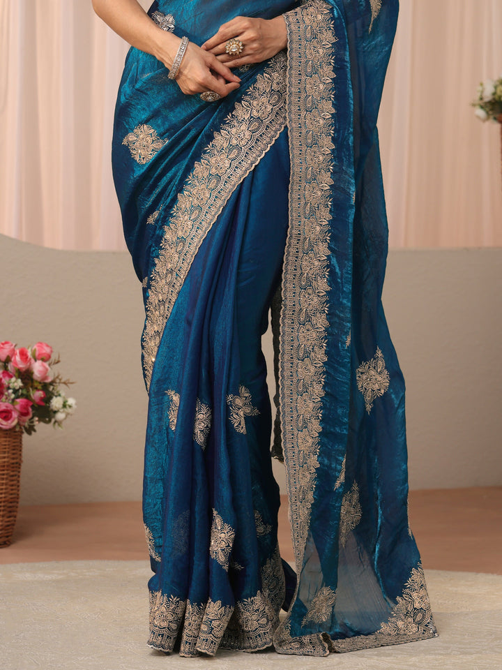 Blue Floral Embroidered Tissue Saree