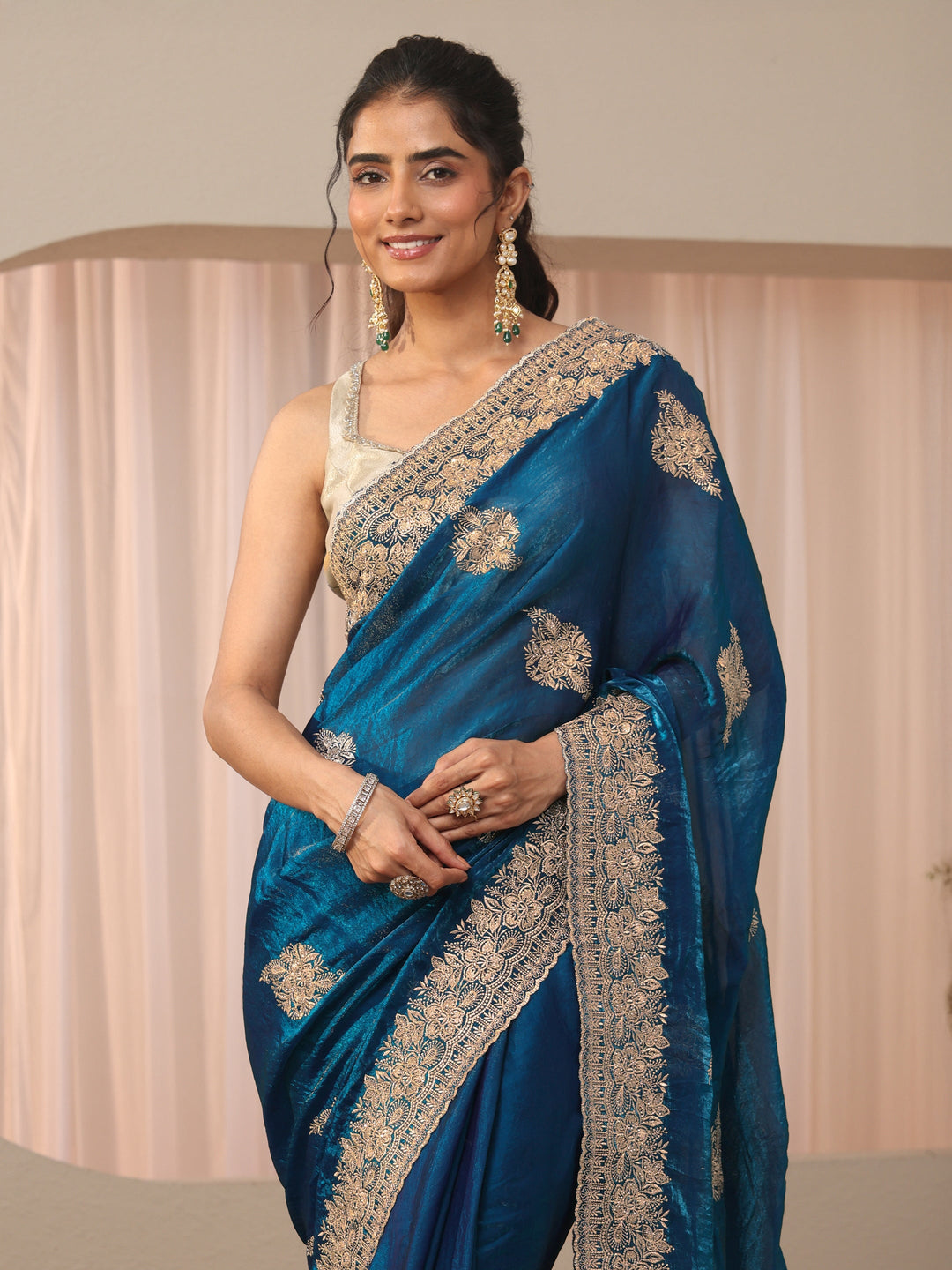 Blue Floral Embroidered Tissue Saree