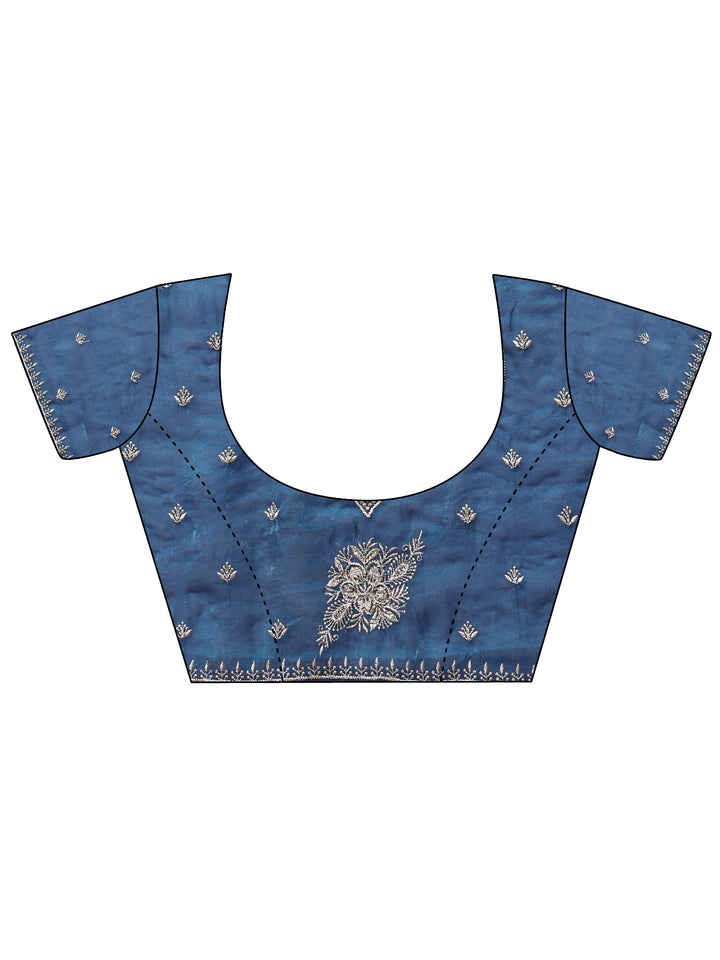 Blue Floral Embroidered Tissue Saree