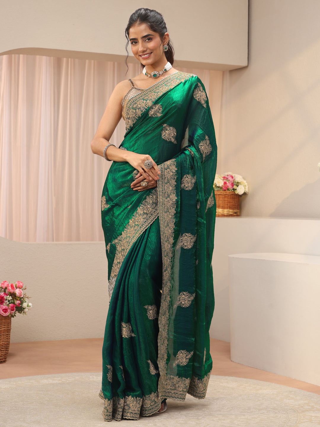 Green Floral Embroidered Tissue Saree