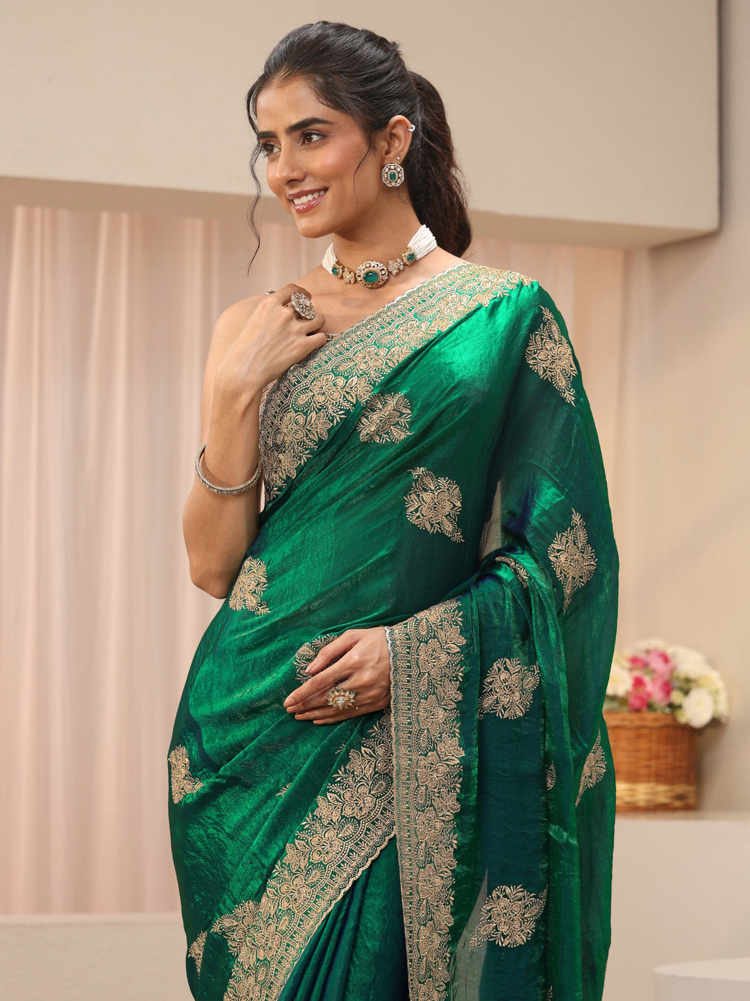 Green Floral Embroidered Tissue Saree