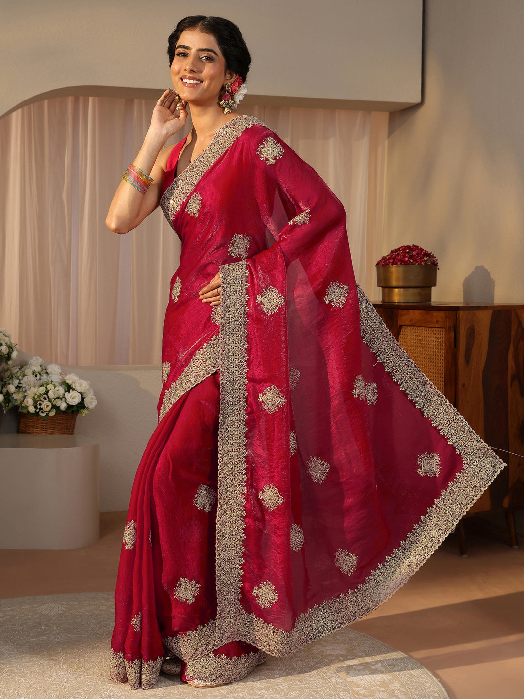 Red Floral Embroidered Tissue Saree