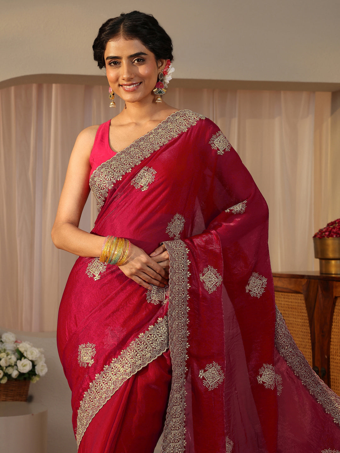 Red Floral Embroidered Tissue Saree