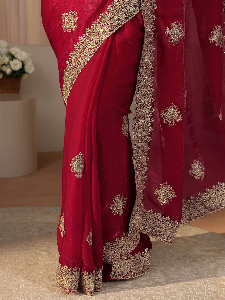 Red Floral Embroidered Tissue Saree