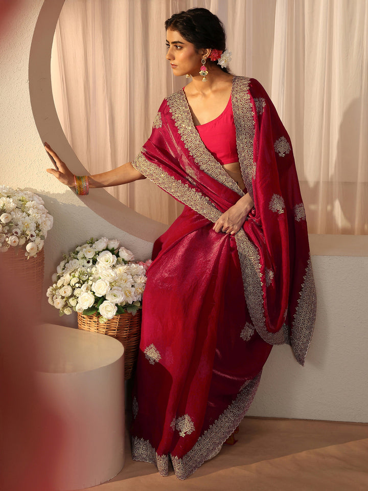 Red Floral Embroidered Tissue Saree