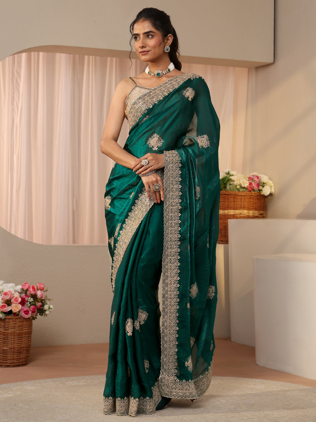 Green Floral Embroidered Tissue Saree