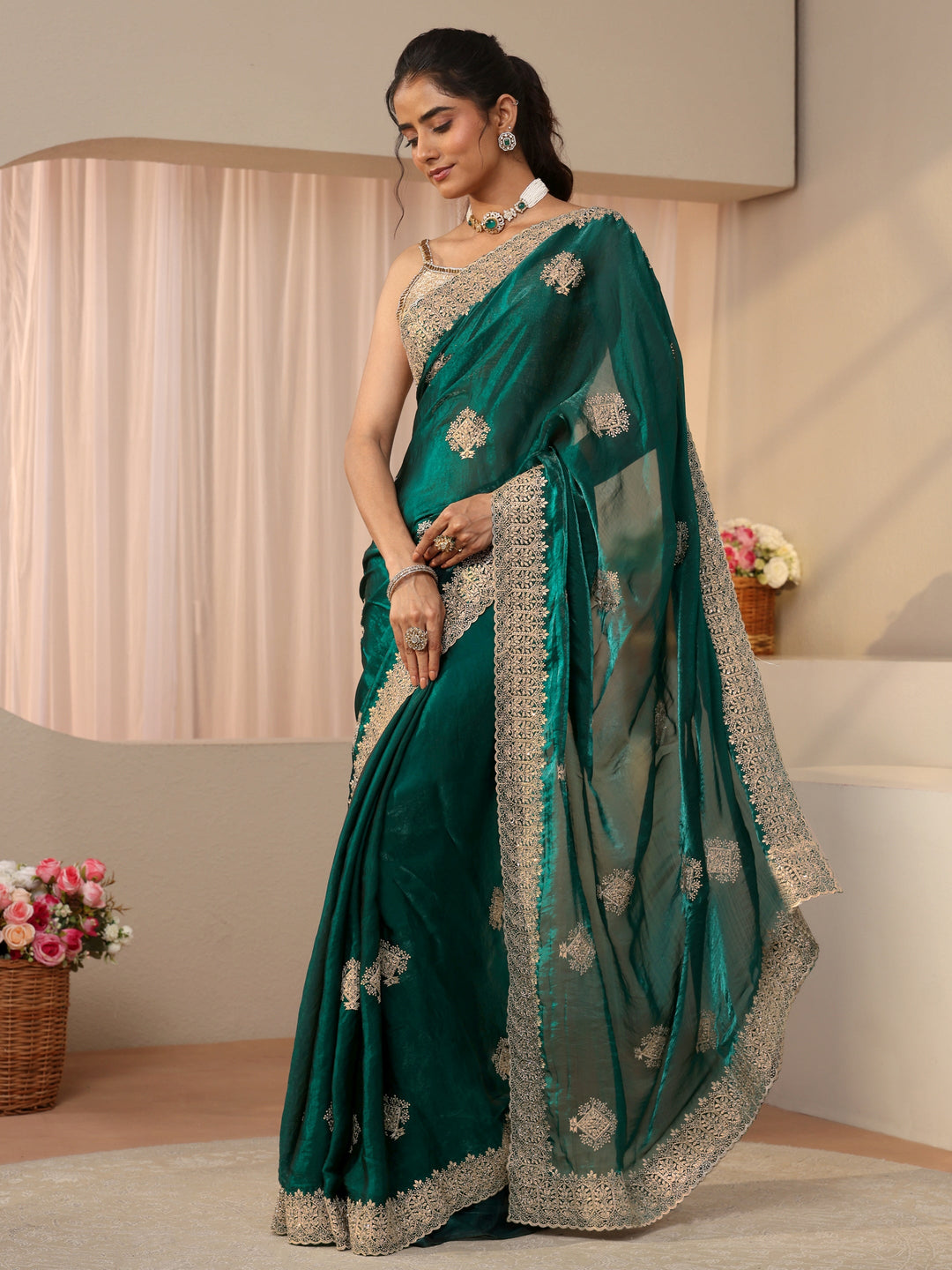 Green Floral Embroidered Tissue Saree