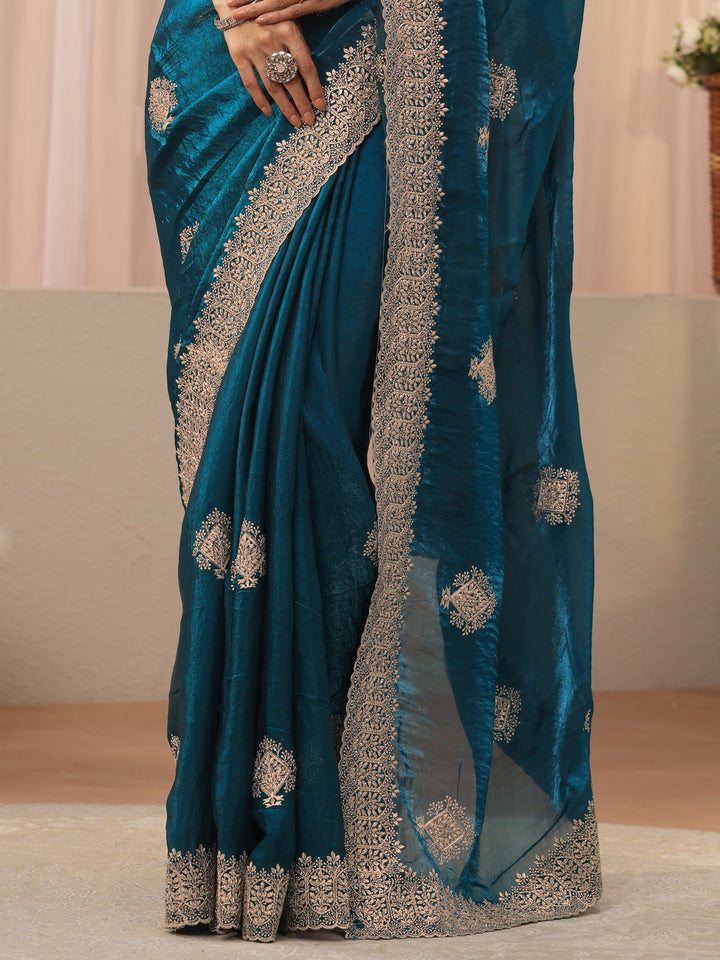 Blue Floral Embroidered Tissue Saree