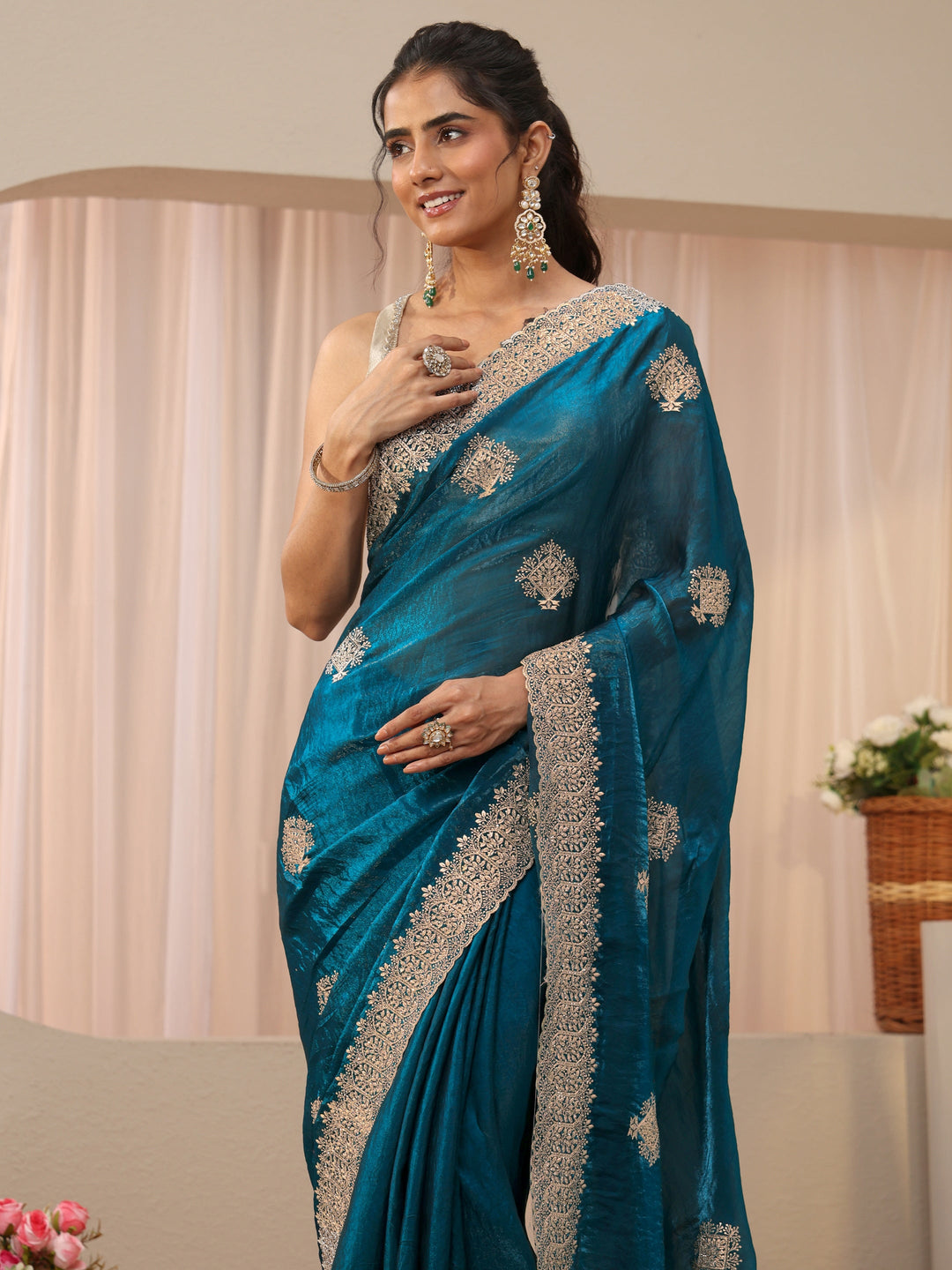 Blue Floral Embroidered Tissue Saree
