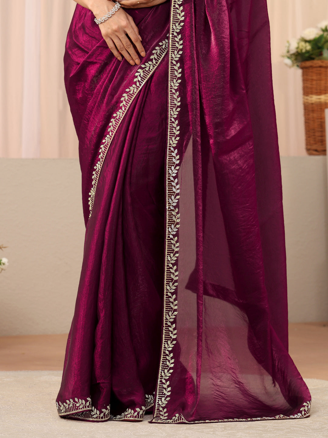 Burgundy Solid Tissue Saree
