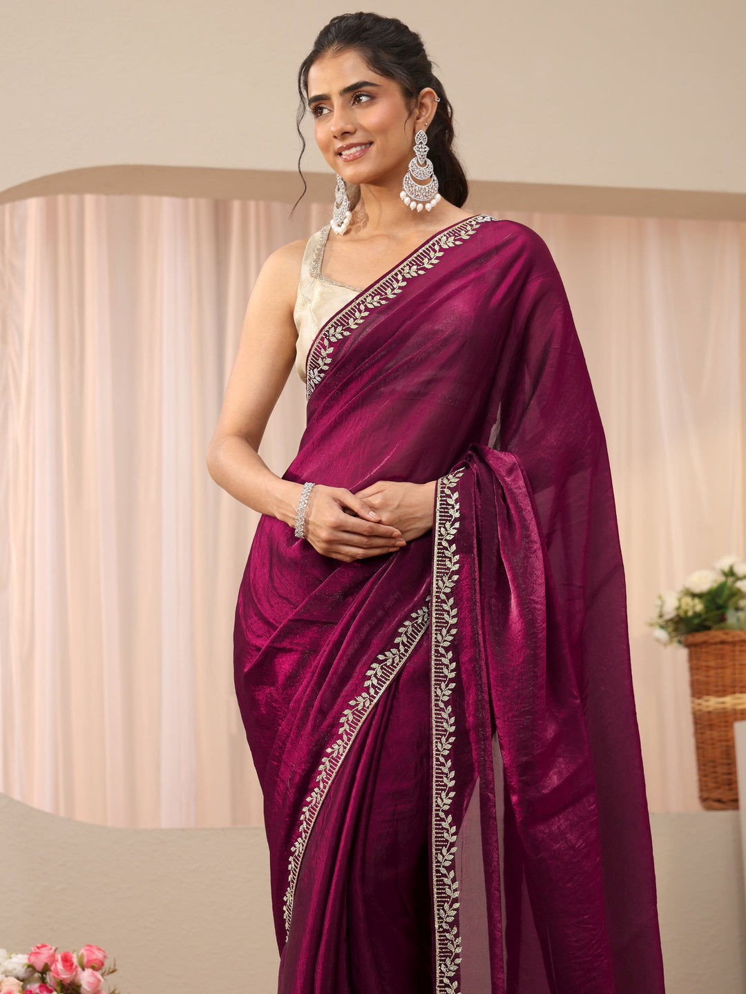 Burgundy Solid Tissue Saree