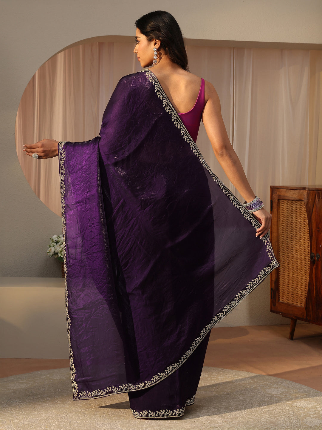Purple Embellished Tissue Saree