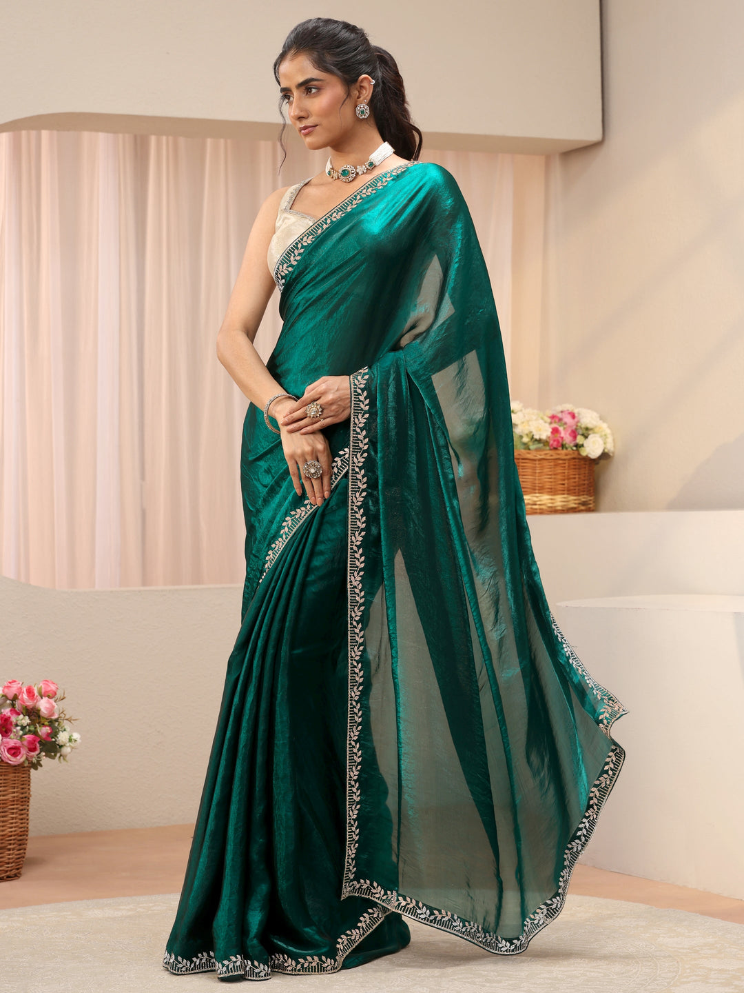 Green Solid Tissue Saree