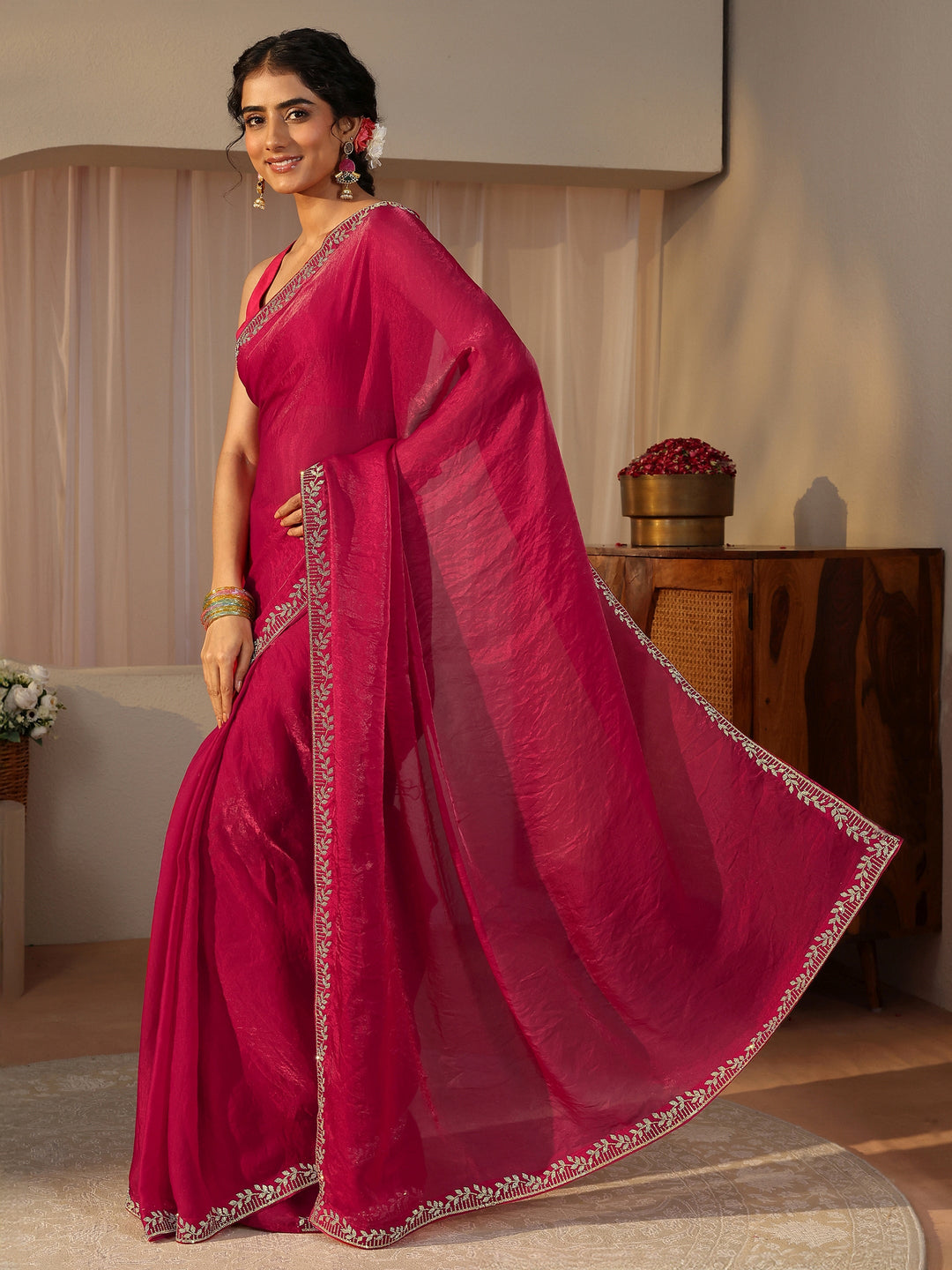 Red Embellished Tissue Saree