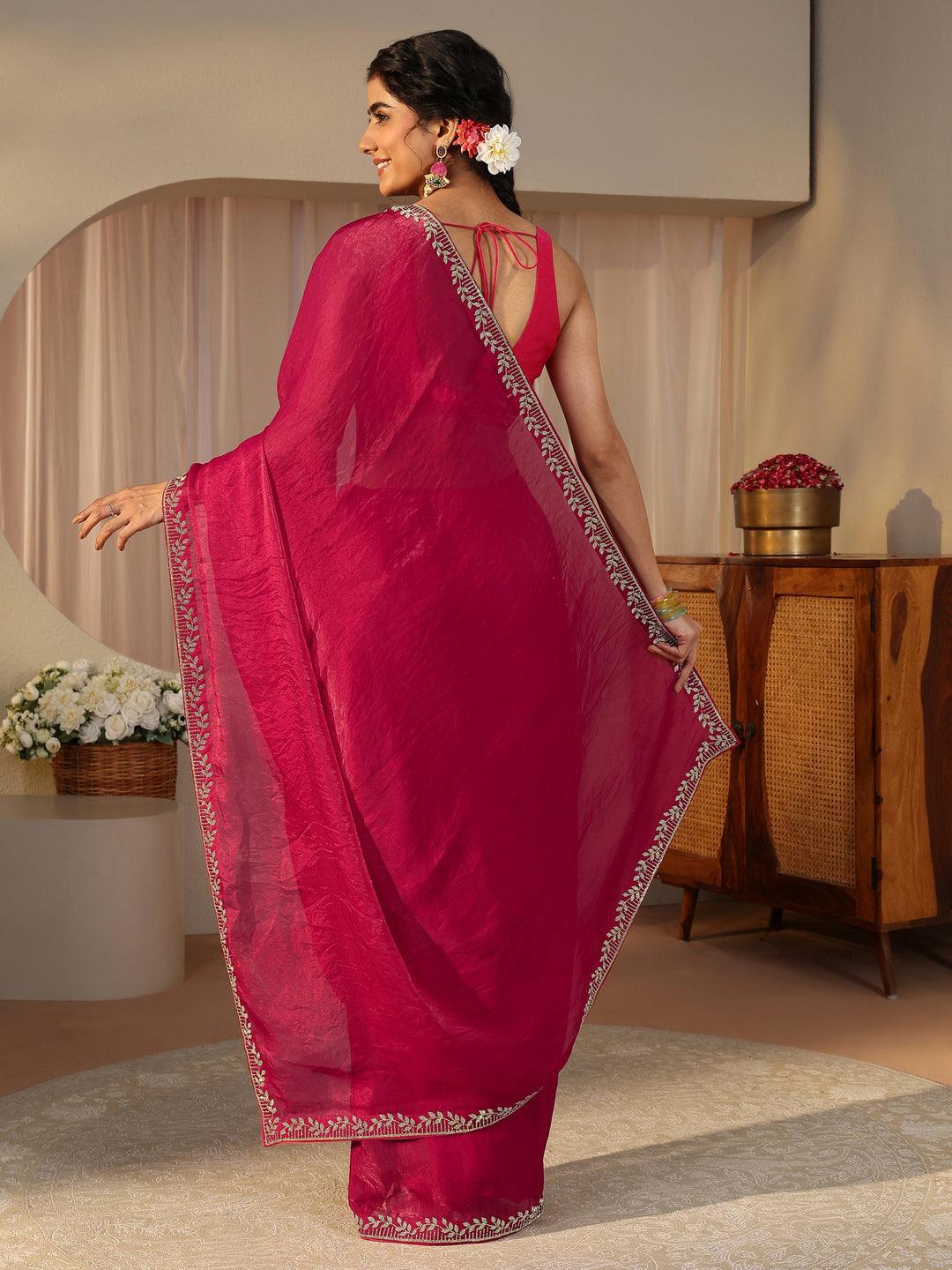 Red Embellished Tissue Saree
