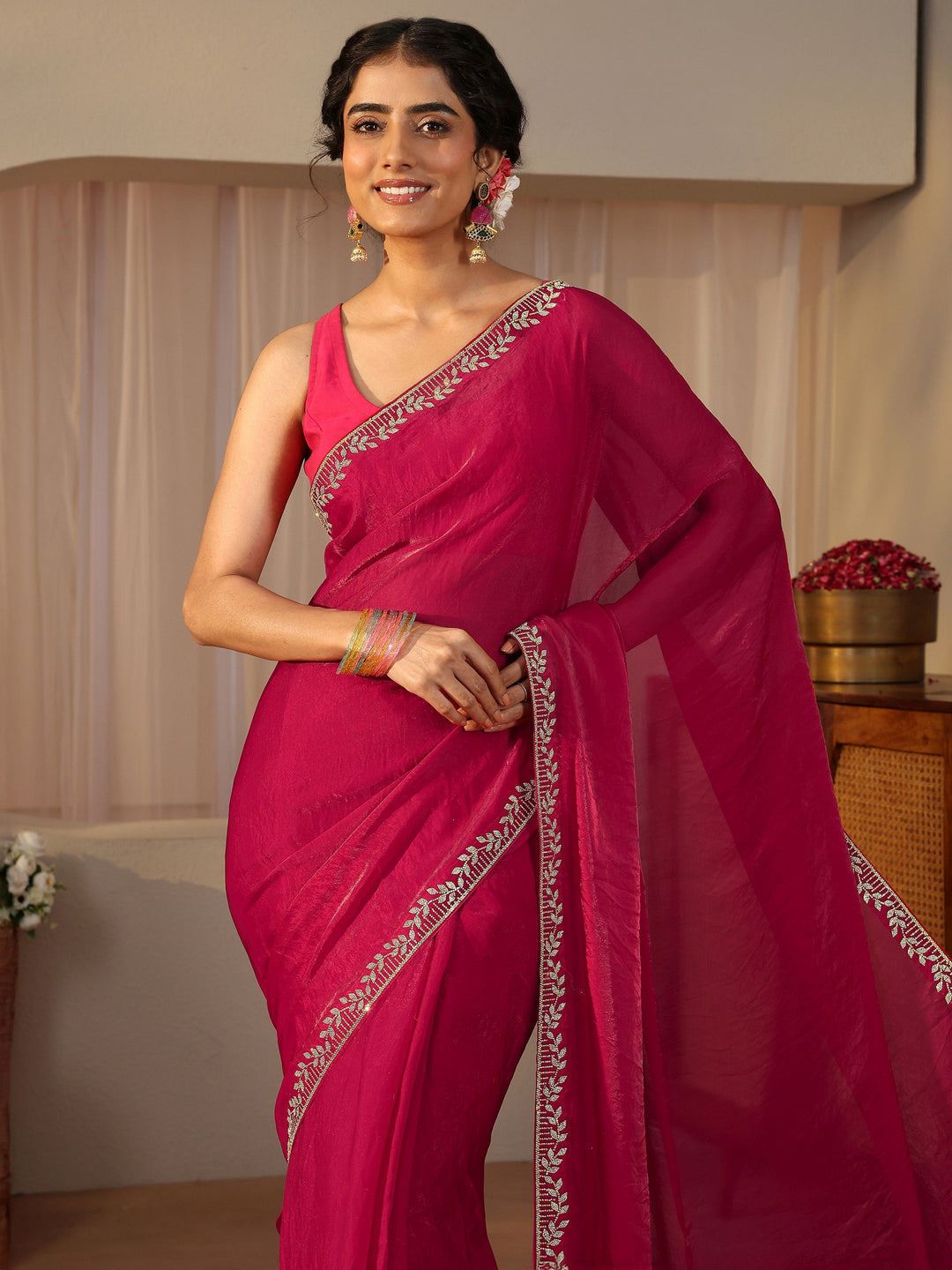 Red Embellished Tissue Saree