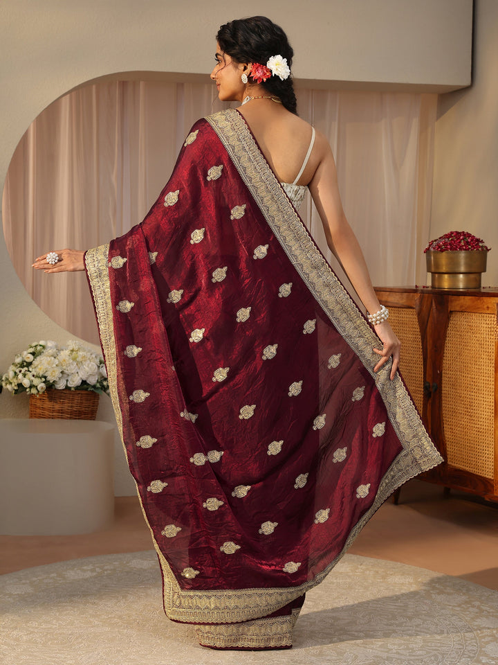 Maroon Ethnic Embellished Tissue Saree