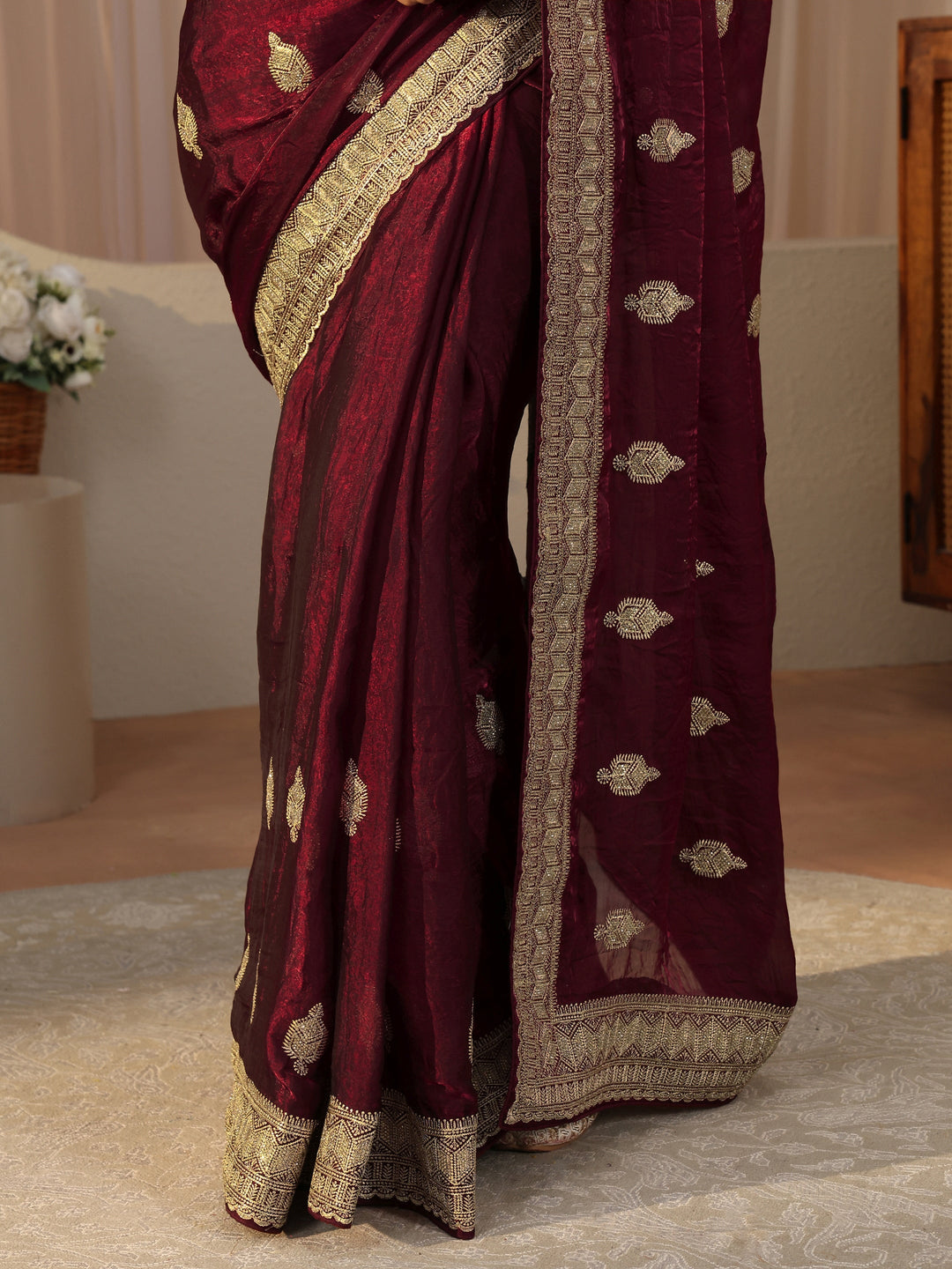Maroon Ethnic Embellished Tissue Saree