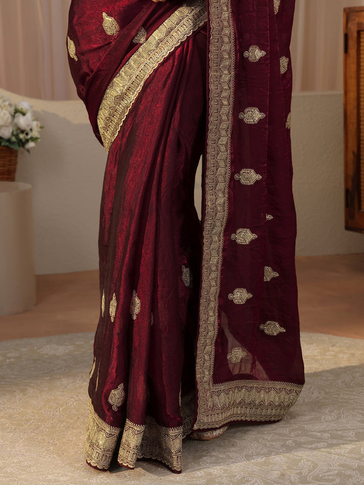 Maroon Ethnic Embellished Tissue Saree