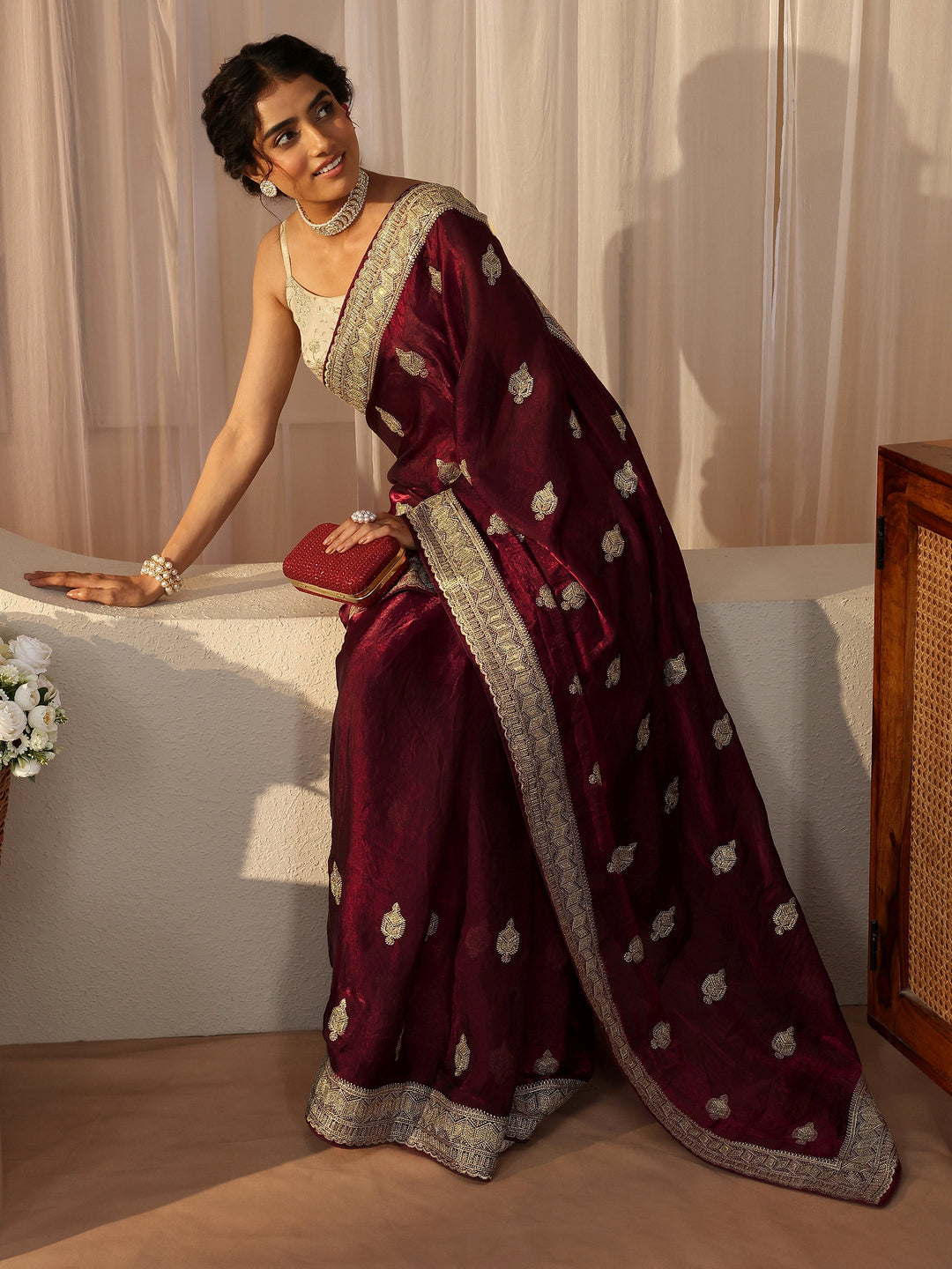 Maroon Ethnic Embellished Tissue Saree