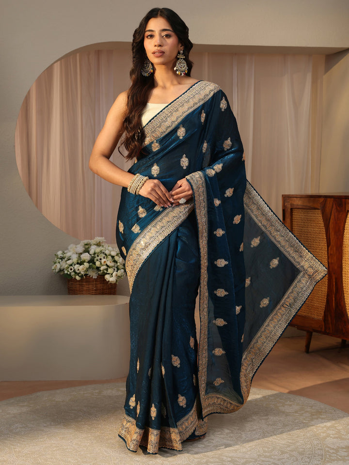 Blue Ethnic Embellished Tissue Saree