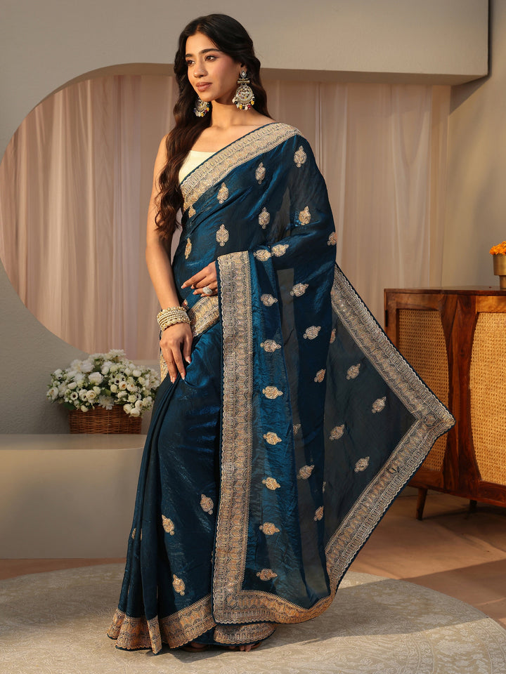 Blue Ethnic Embellished Tissue Saree
