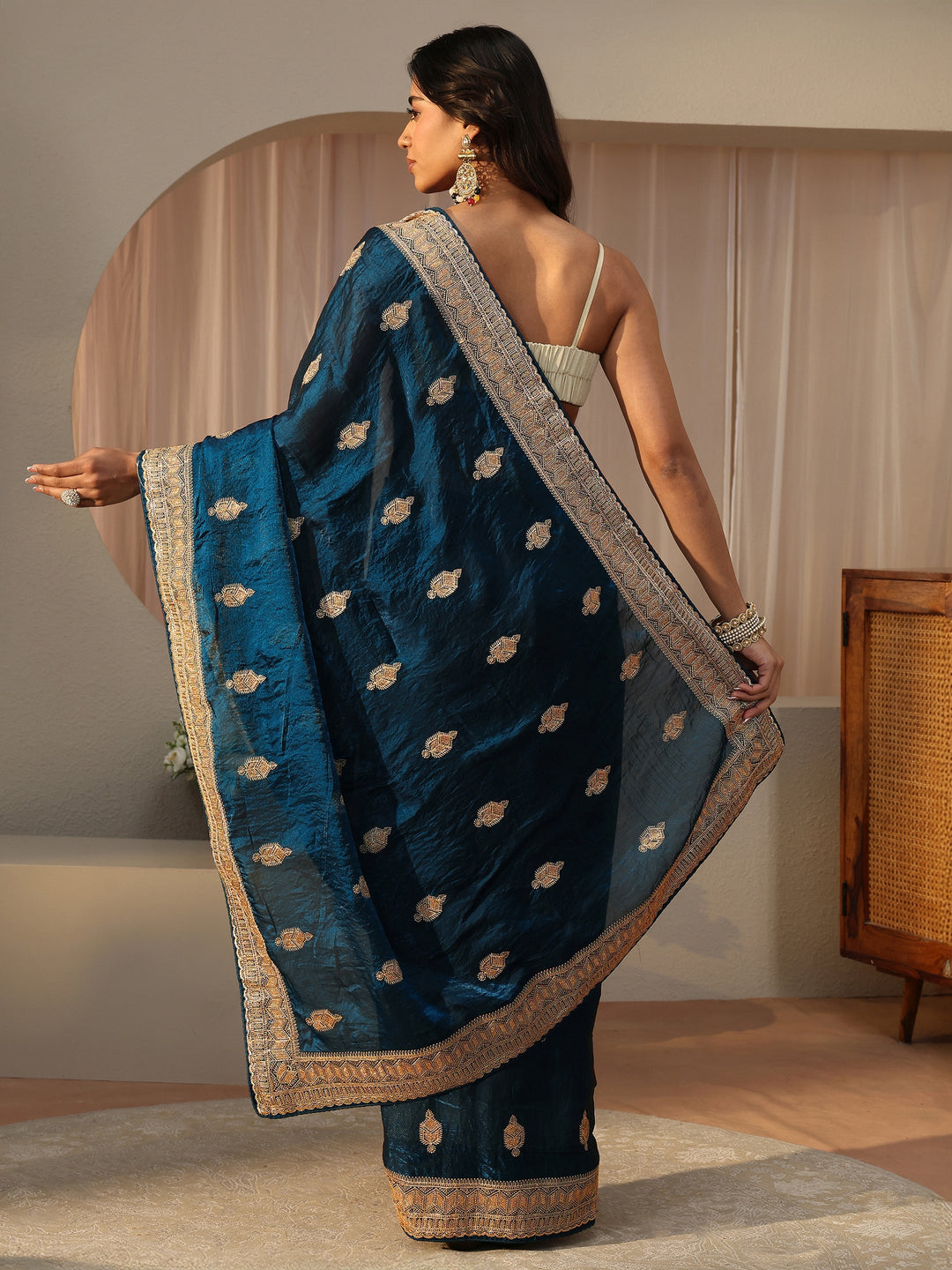 Blue Ethnic Embellished Tissue Saree