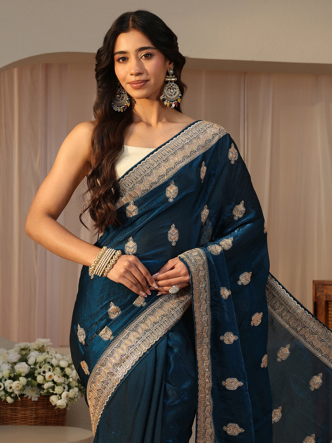 Blue Ethnic Embellished Tissue Saree