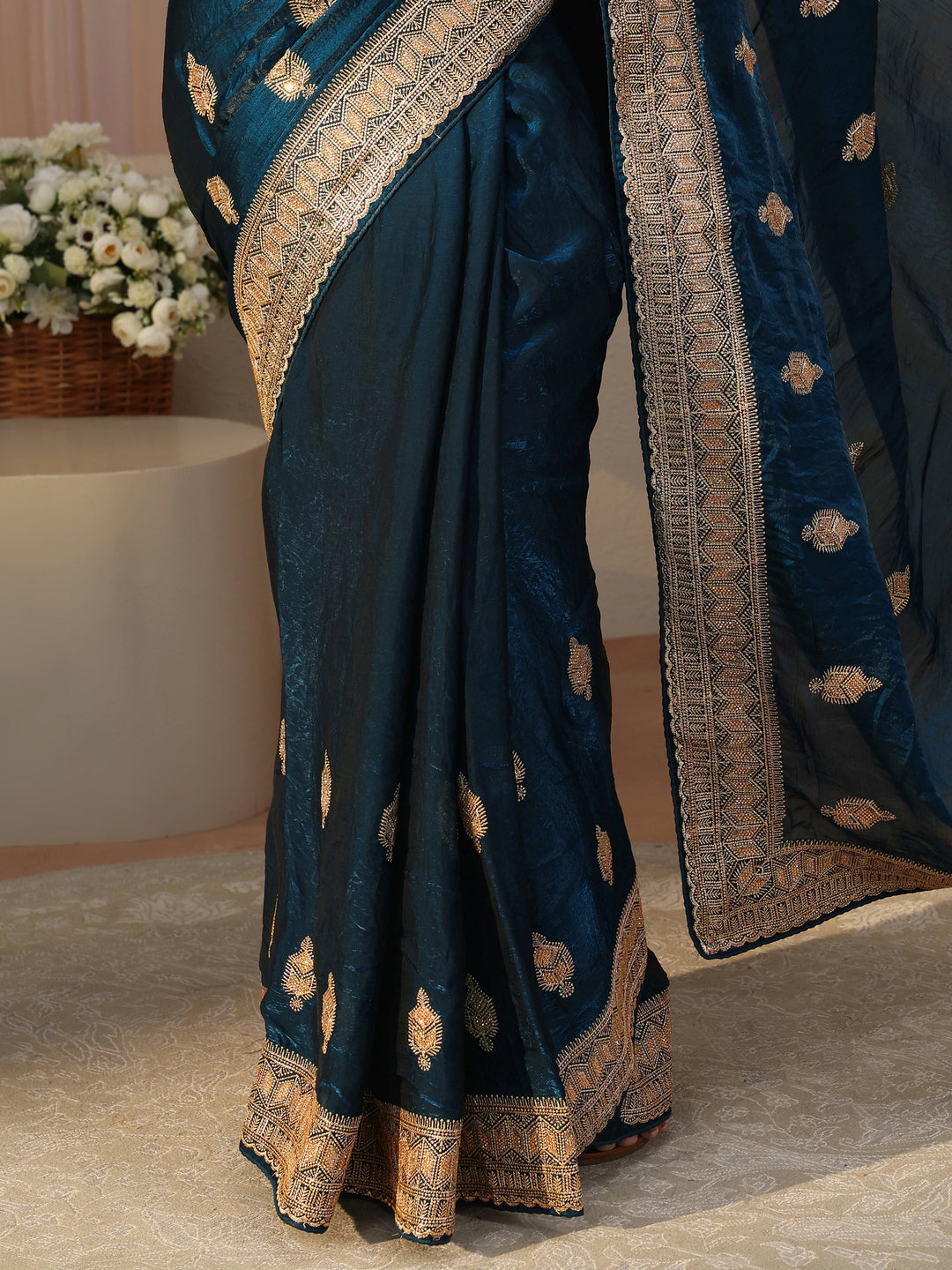 Blue Ethnic Embellished Tissue Saree