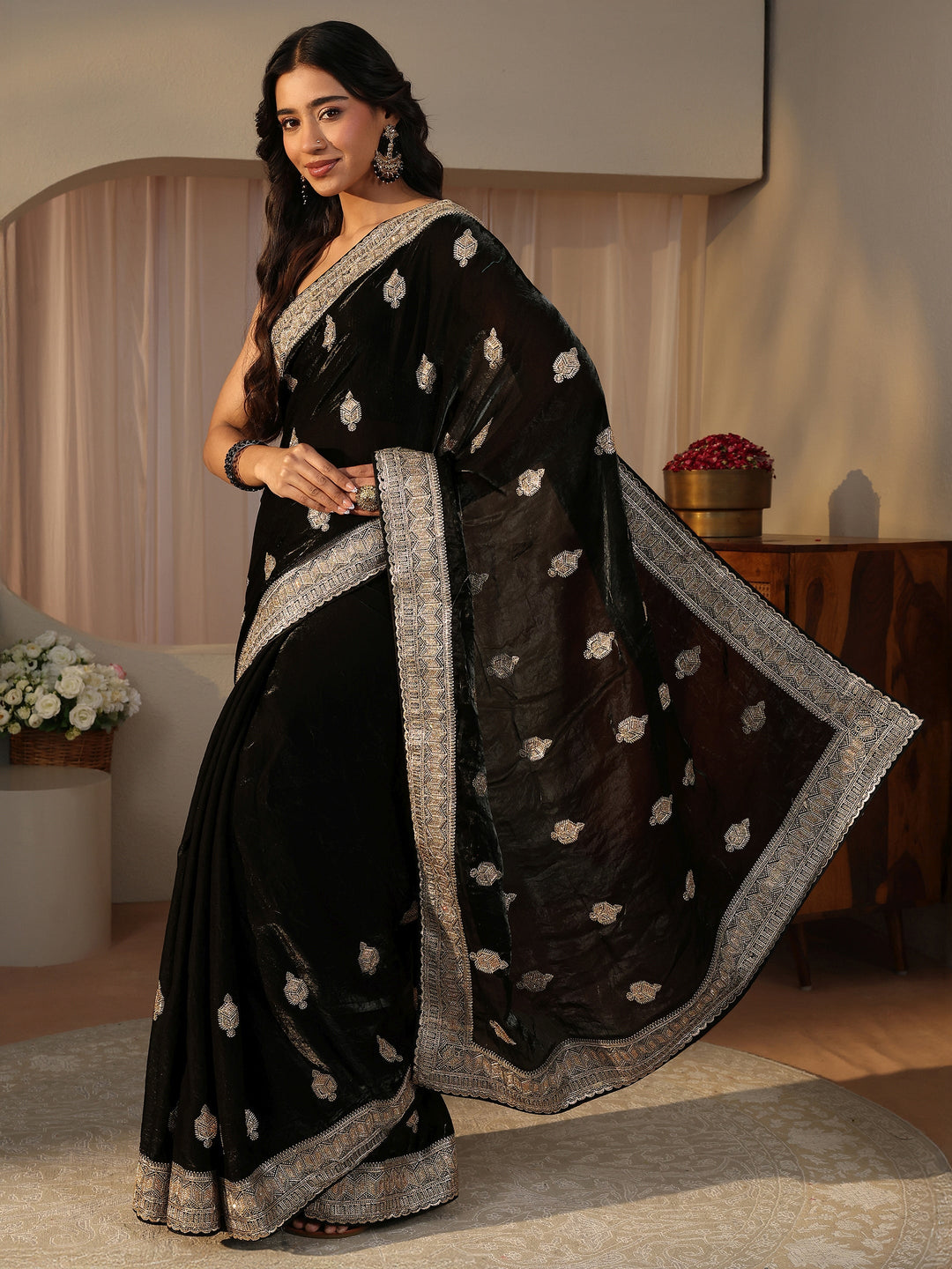 Black Ethnic Embellished Tissue Saree