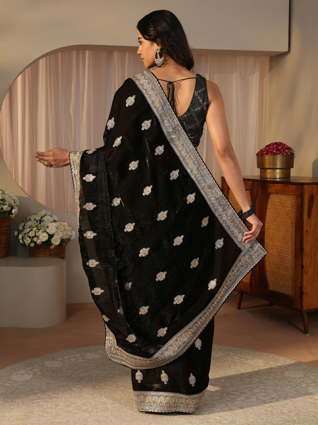 Black Ethnic Embellished Tissue Saree