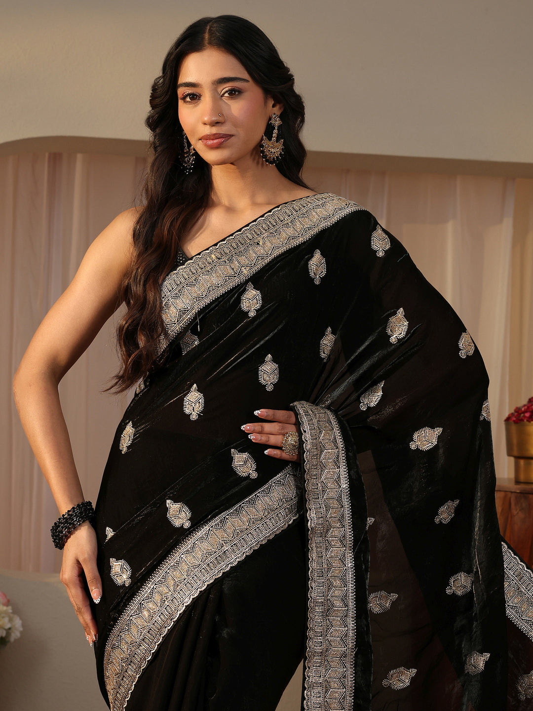 Black Ethnic Embellished Tissue Saree