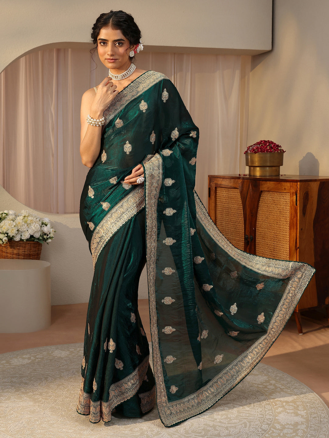 Green Ethnic Embellished Tissue Saree