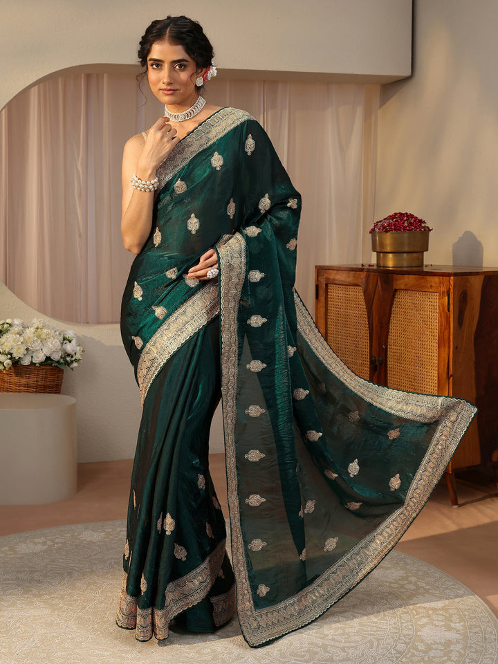 Green Ethnic Embellished Tissue Saree