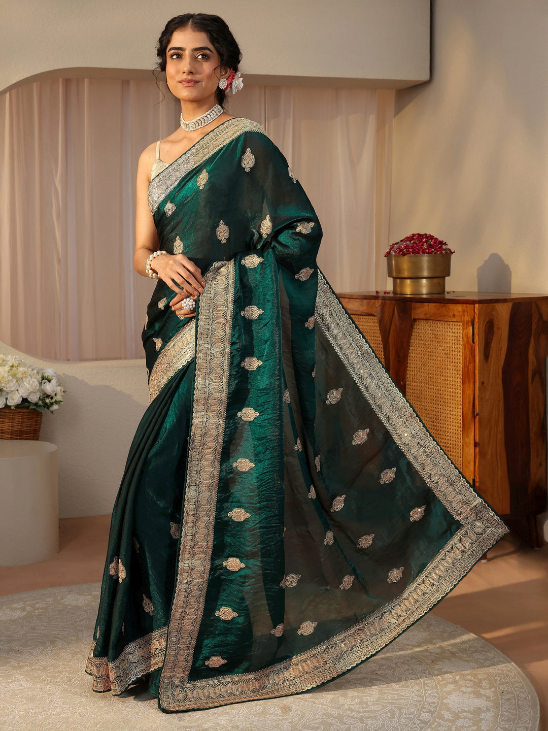 Green Ethnic Embellished Tissue Saree