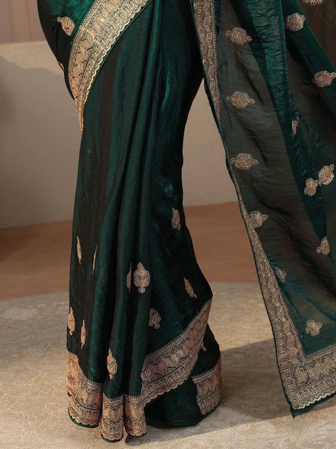 Green Ethnic Embellished Tissue Saree