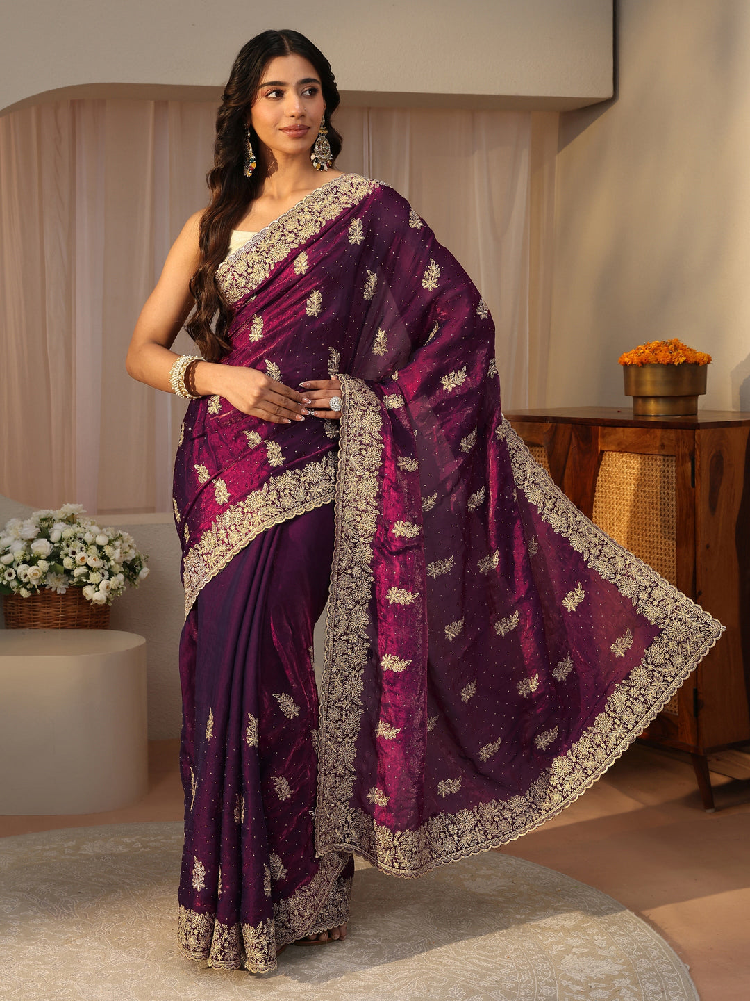 Purple Ethnic Embellished Tissue Saree