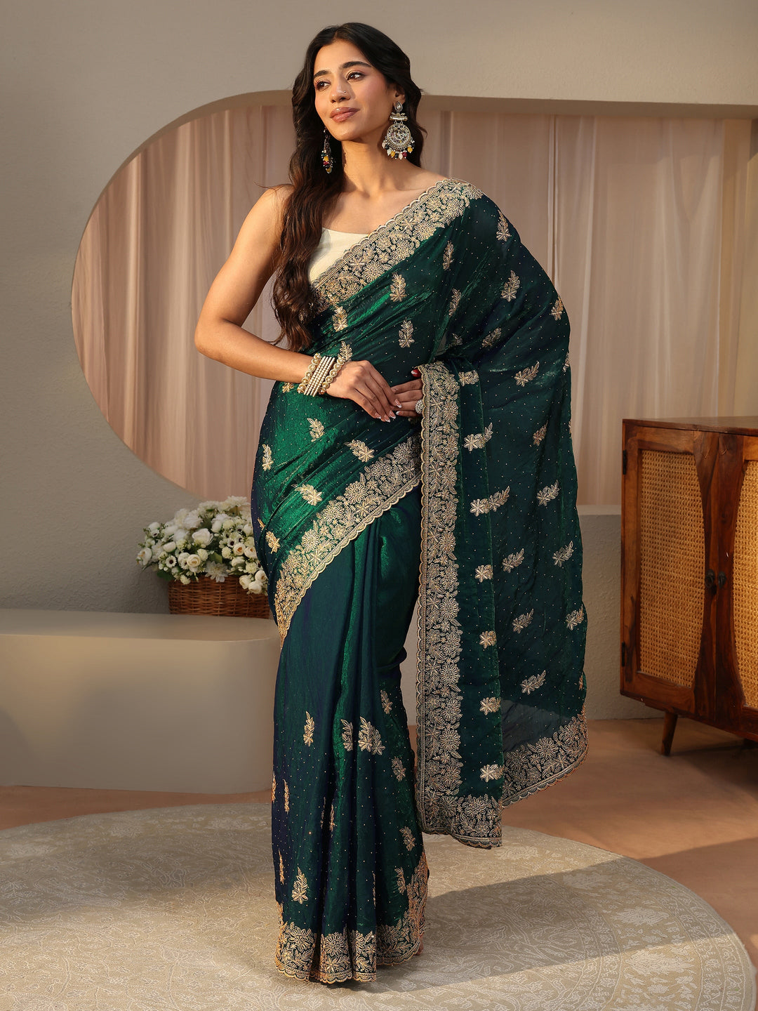 Green Ethnic Embellished Tissue Saree